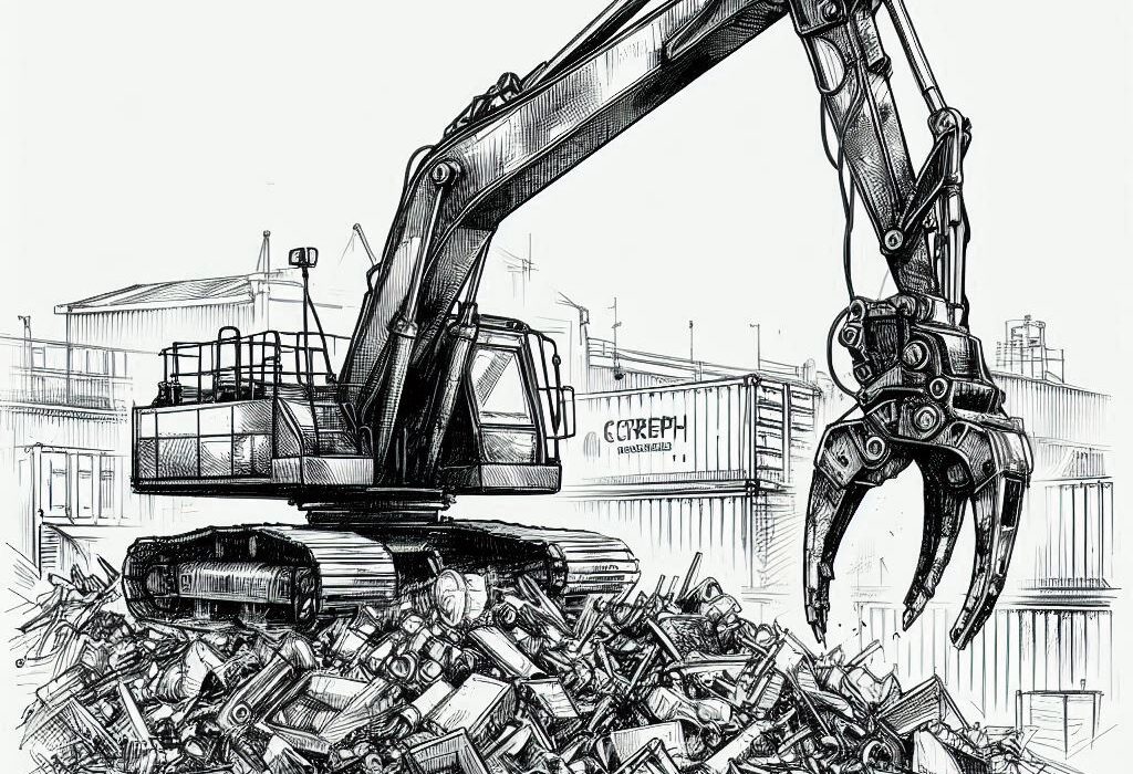 Sketch-style industrial recycling yard(excavator) a worn hydraulic scrap-grapple arm suspended over