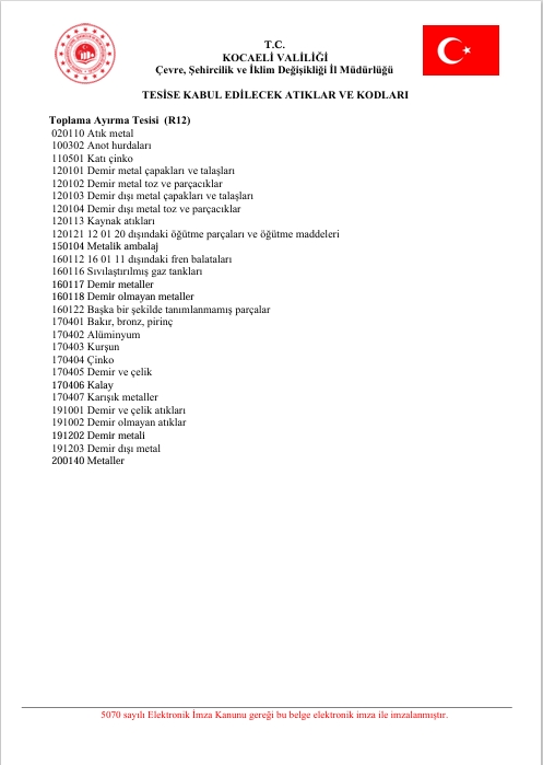 Tehlikesiz Atiklar Toplama ve Ayirma Belgesi Ust Yazisi