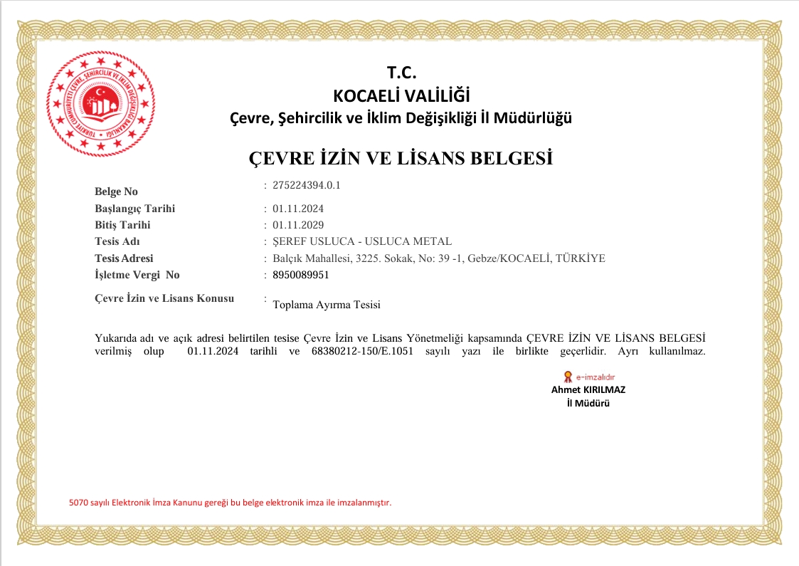 Tehlikesiz Atiklar Toplama ve Ayirma Belgesi